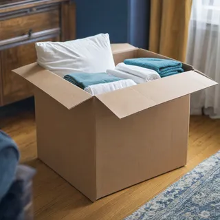 A box of towels, sheets and a pillow