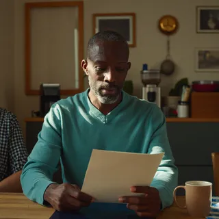 A person reading a letter at a table