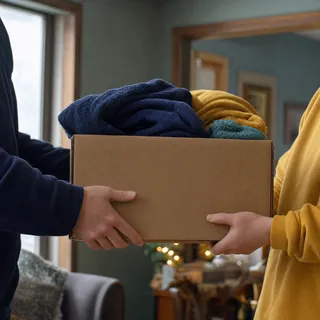 Hands passing a box of blankets